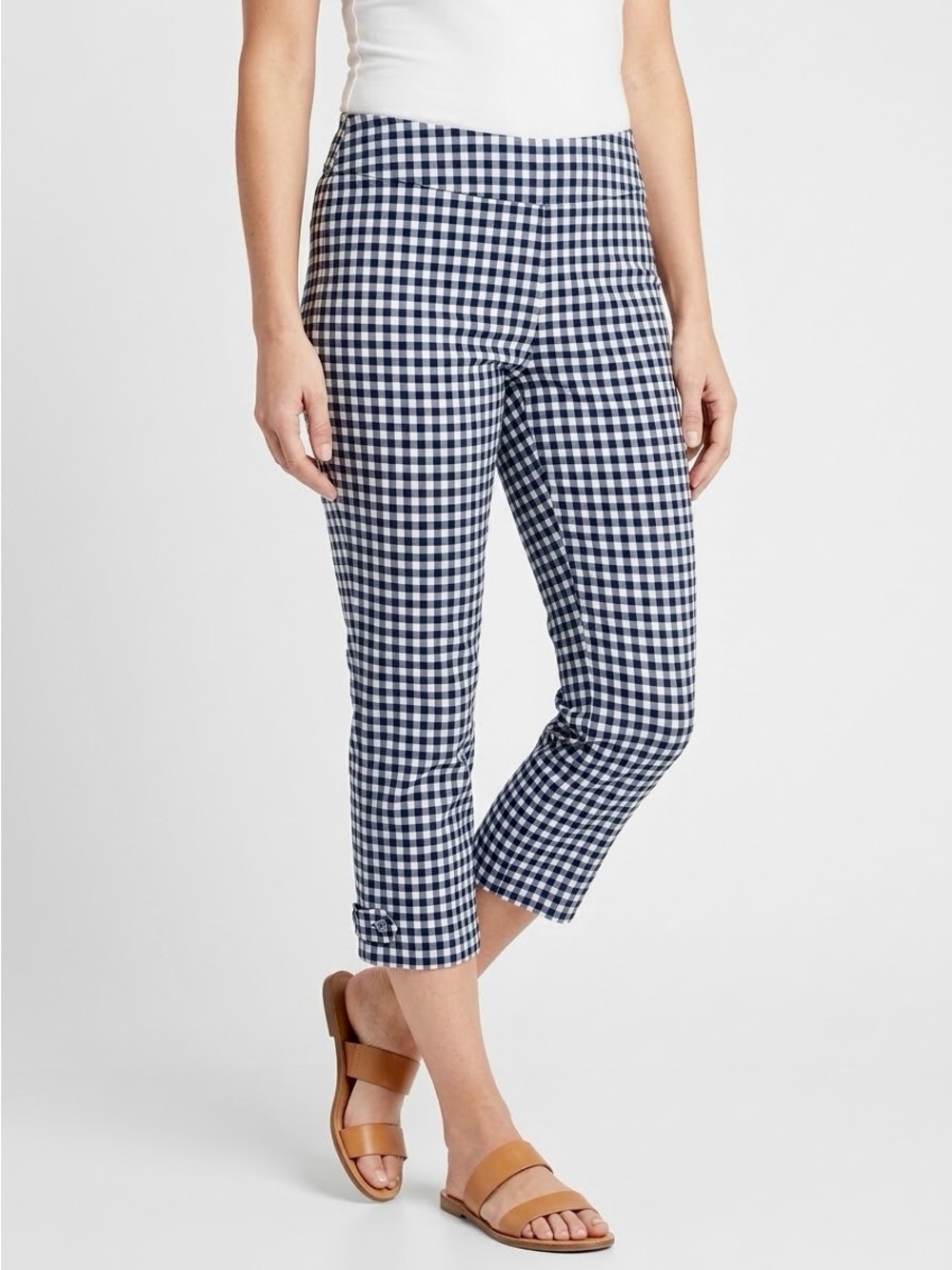 ERIC SIGNATURE Navy Blue & White Gingham Cropped Ankle Pants w Button Hem — #LHP